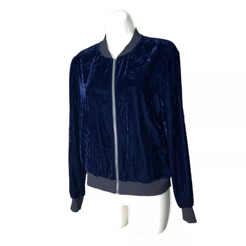 Ella Moss Jewel Tone Blue Velvet Zip Long Sleeve Bomber Track Jacket Coat Top S